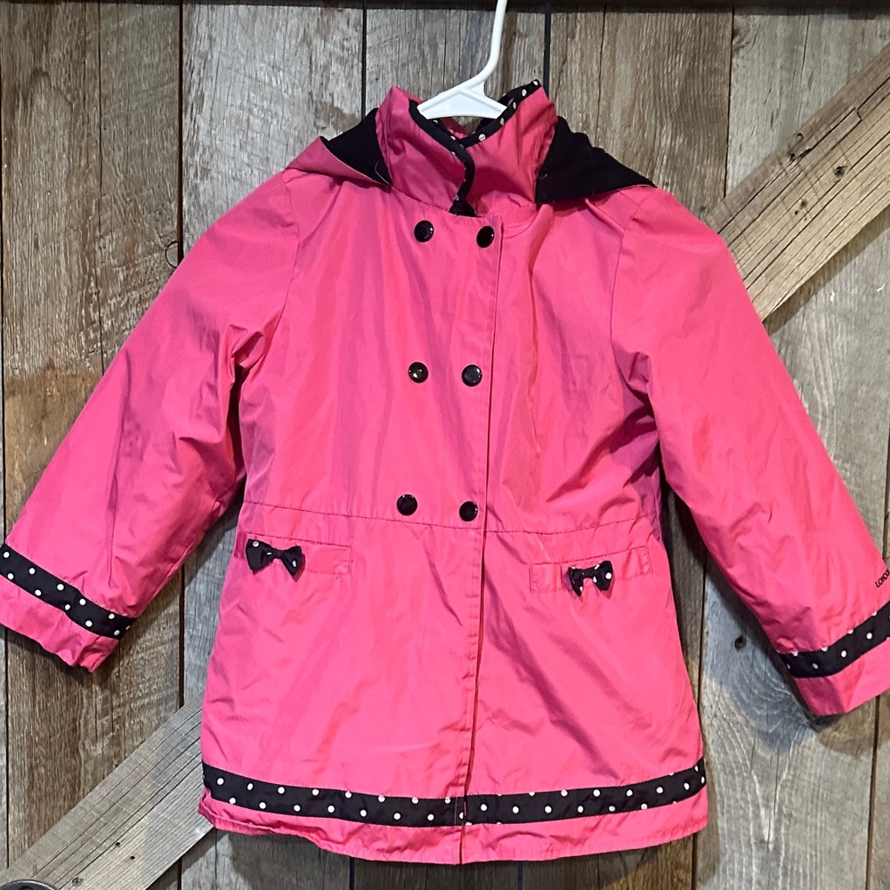London Fog Girls' Bright Pink Hooded Raincoat with Black Polka Trim